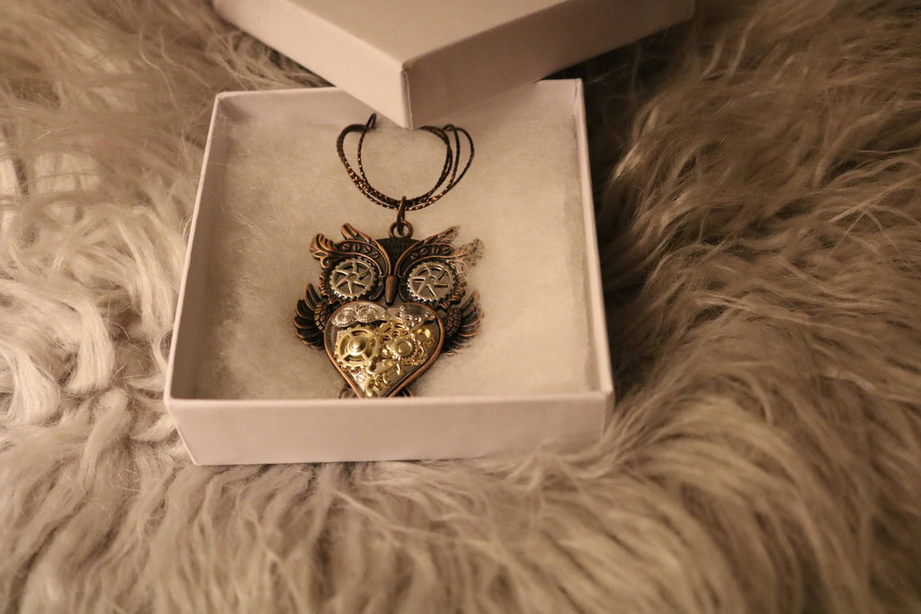 Steam Punk Owl Pendant necklace on a multi-strand chain