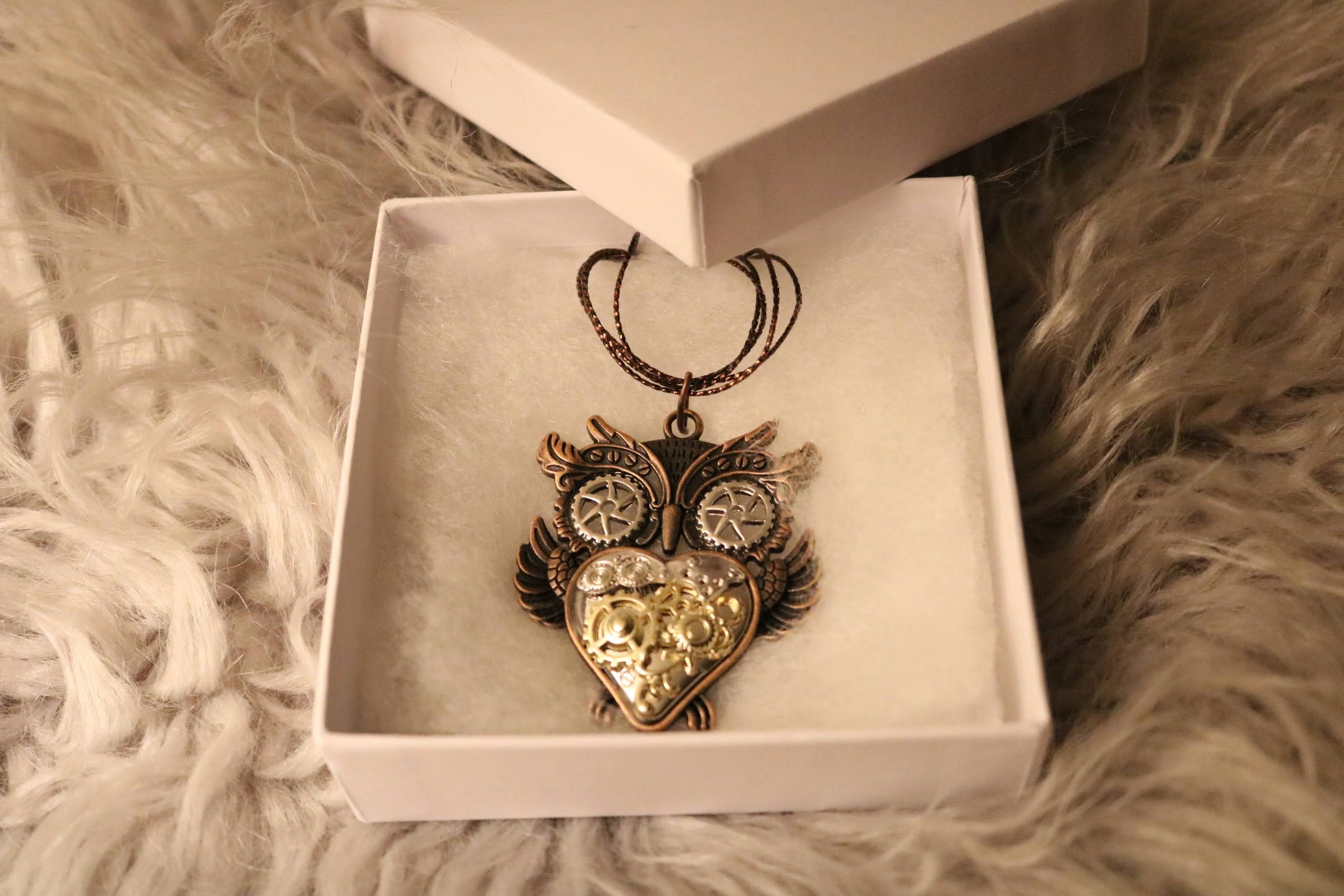 Steam Punk Owl Pendant necklace on a multi-strand chain