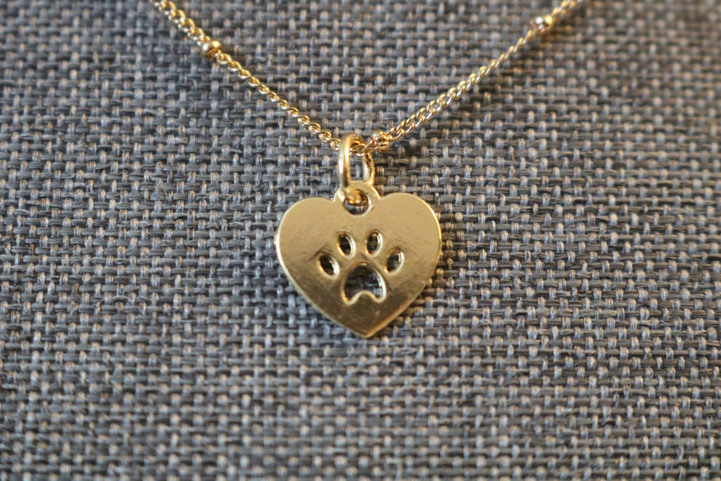 NEW! Paw Heart Necklace Pendant on a delicate, shimmery gold plated chain.