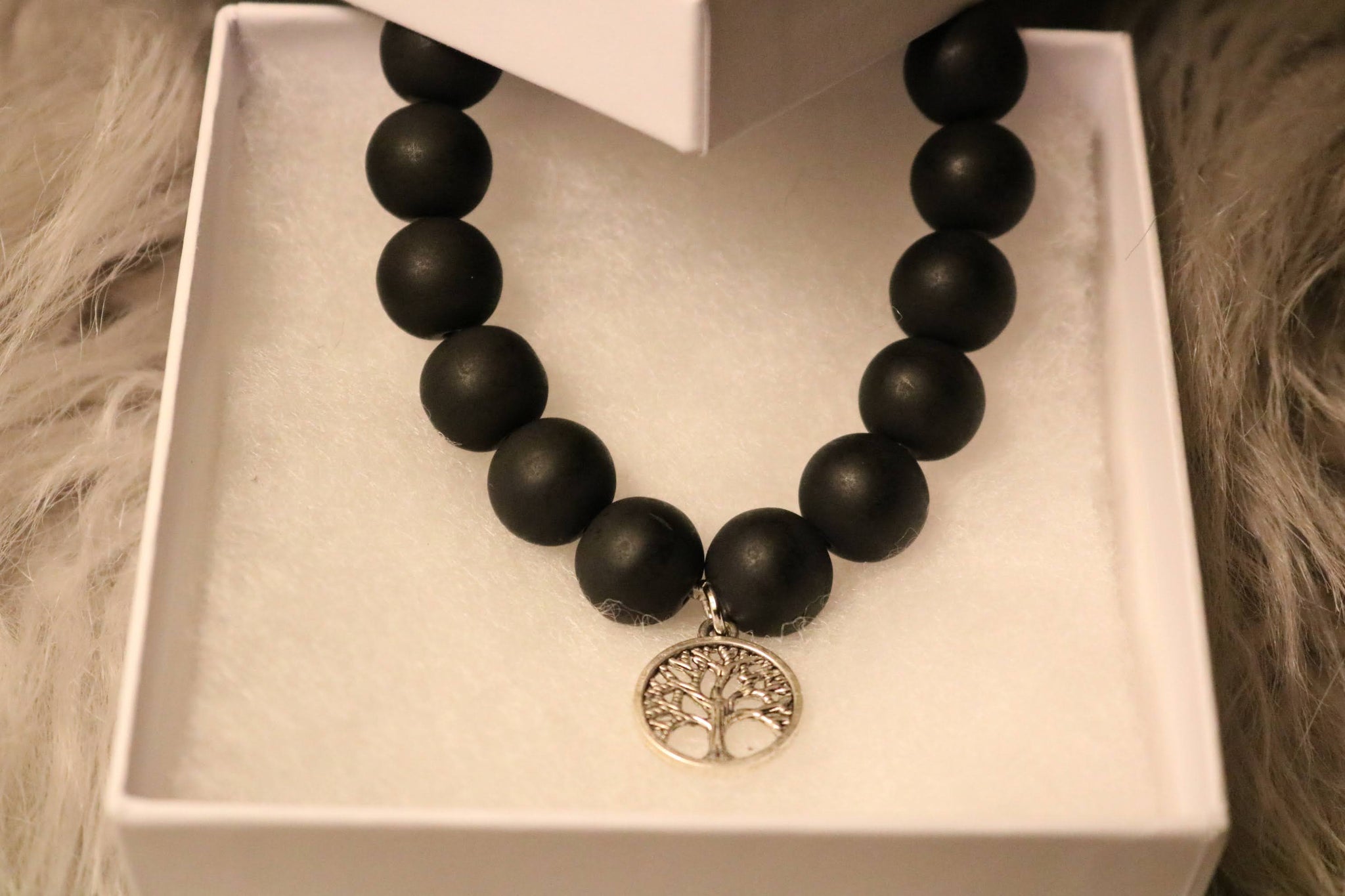 NEW! Smooth Black Stone Bracelet with Silvertone Tree-of-Life Charm