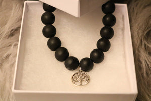 NEW! Smooth Black Stone Bracelet with Silvertone Tree-of-Life Charm