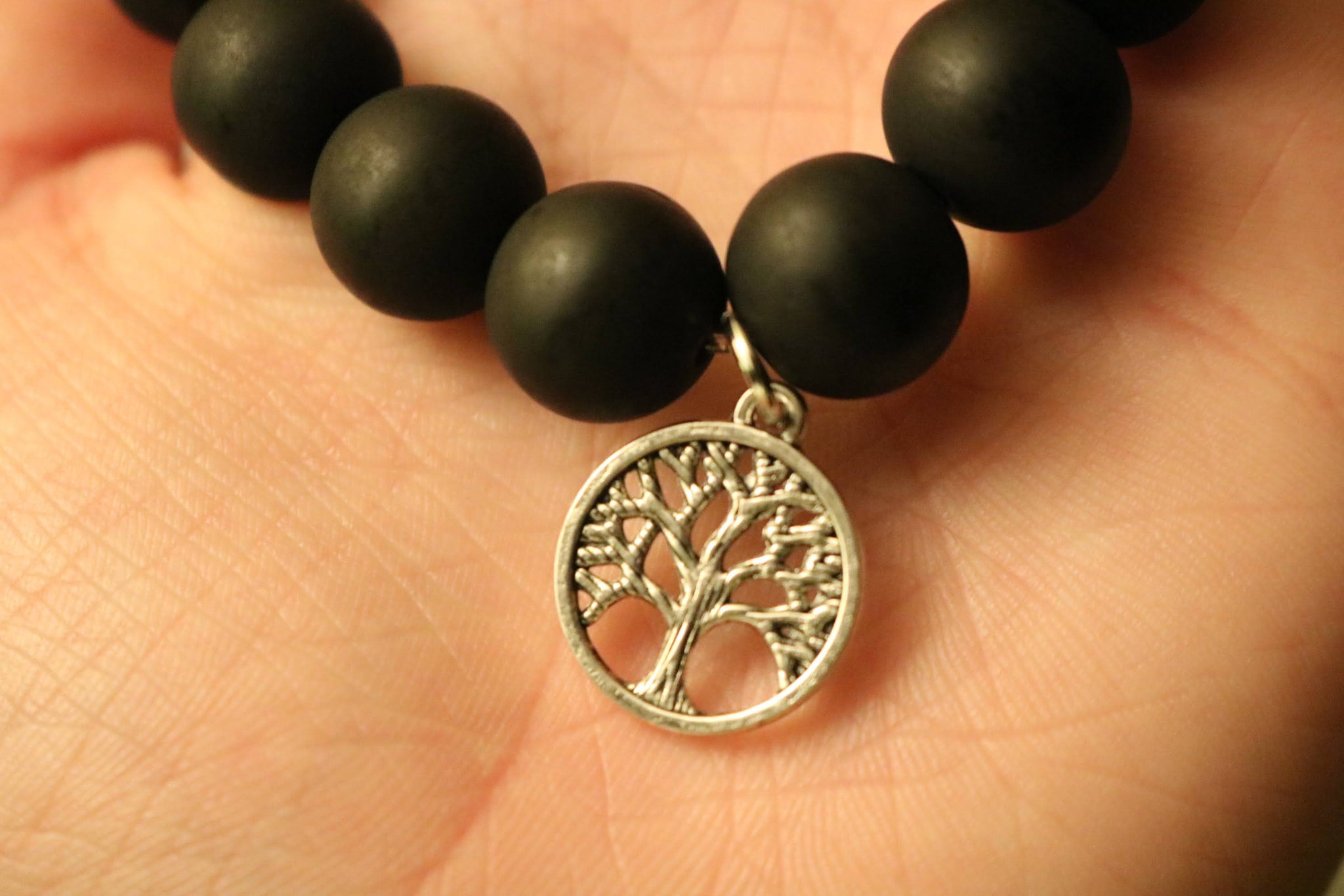 NEW! Smooth Black Stone Bracelet with Silvertone Tree-of-Life Charm