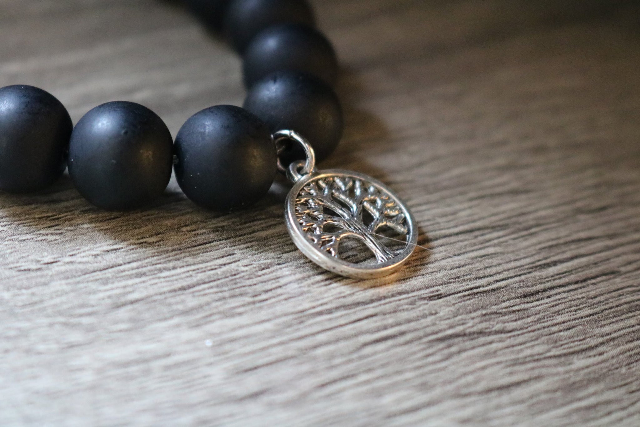 NEW! Smooth Black Stone Bracelet with Silvertone Tree-of-Life Charm