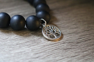 NEW! Smooth Black Stone Bracelet with Silvertone Tree-of-Life Charm